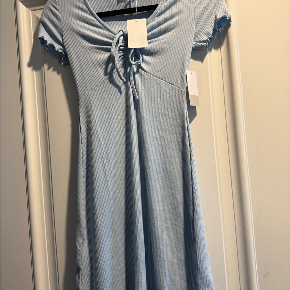 Light Blue Ribbed Dress with Tie Front